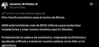 El mensaje con el que Pritzker anunció la inversión de ADM en Illinois