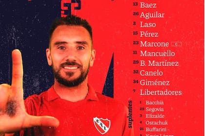 Así anunció Independiente la formación para el encuentro en Tucumán con Atlético: Federico Mancuello forma una letra ele y, con el número 7, "Libertadores" es un 12º jugador del equipo titular.