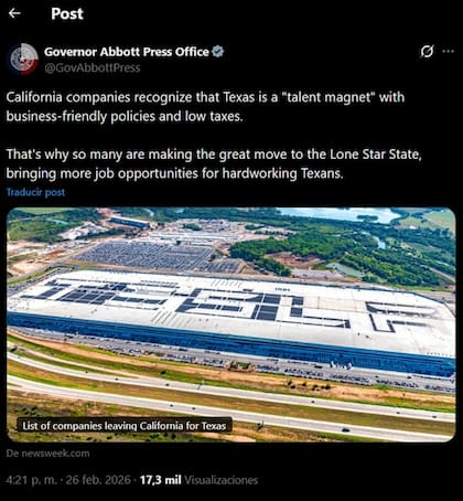 El mensaje de Abbott sobre el éxodo de empresas californianas que se reubican en Texas