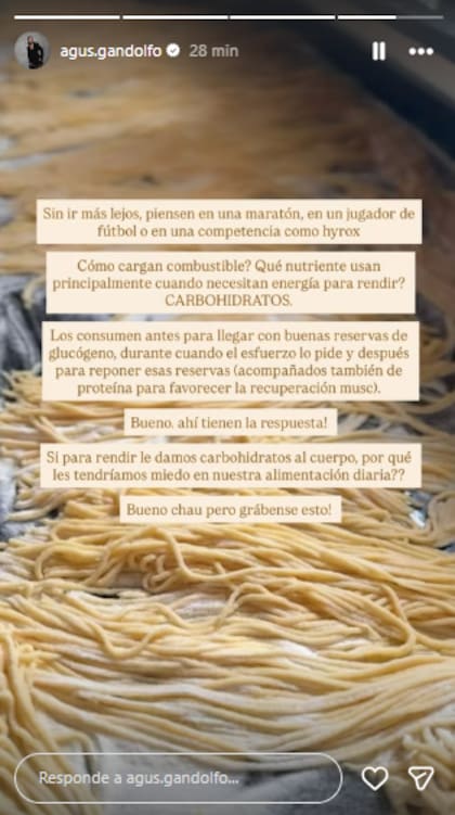 El mensaje de Agus Gandolfo sobre el consumo de carbohidratos (Foto: Instagram @agus.gandolfo)