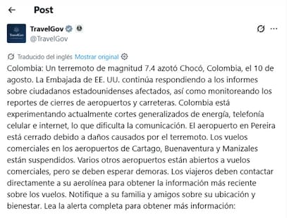 El mensaje de alerta del DOS a los estadounidenses en Colombia