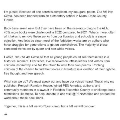 El mensaje de Amanda Gorman en redes sociales tras la prohibición en Florida de su poema The Hill We Climb