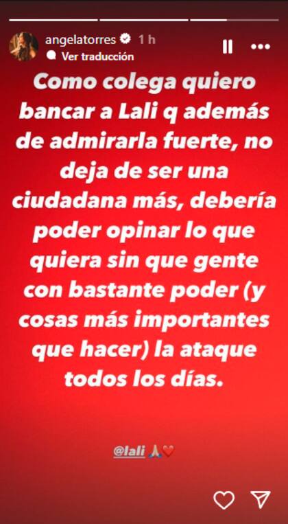 El mensaje de Ángela Torres en solidaridad con su colega Lali Espósito