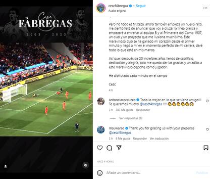 El mensaje de Anto Roccuzzo a Fabregas luego de que anunciara su retiro (Foto: Instagram @cescf4bregas)