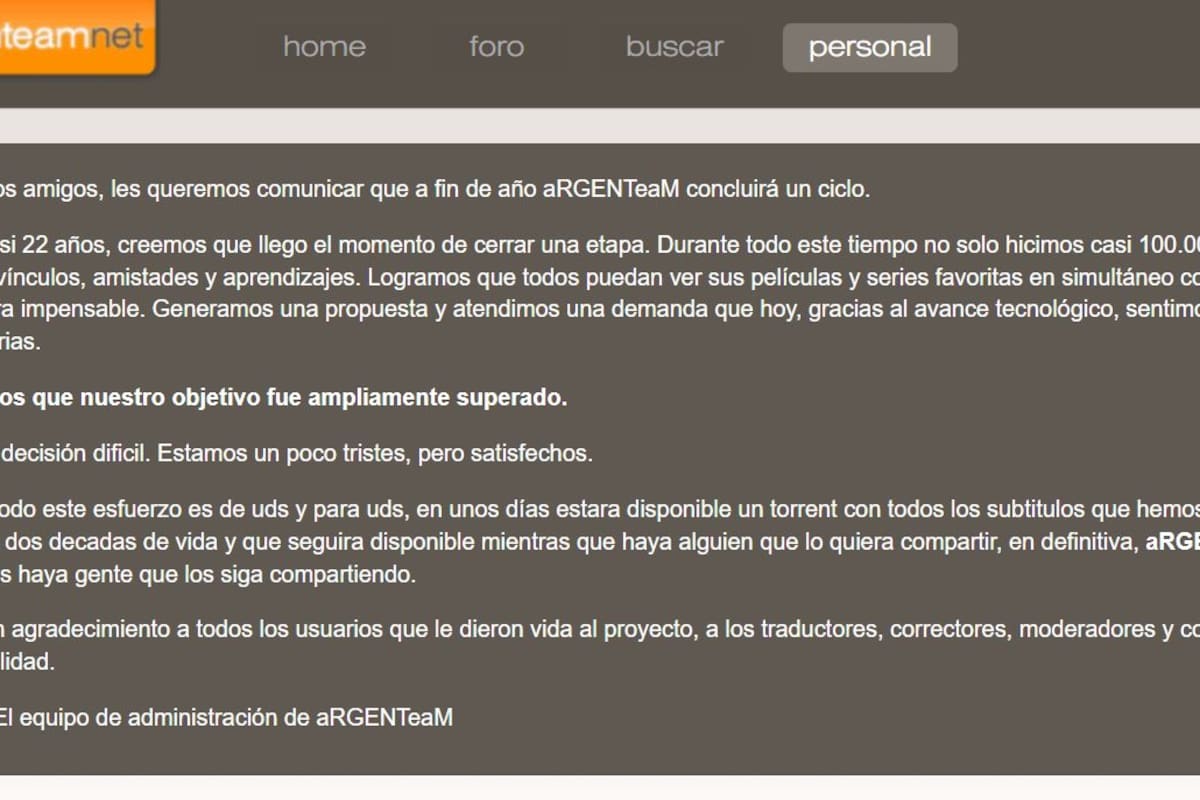 El mensaje de Argenteam a su comunidad de subtituladores y usuarios