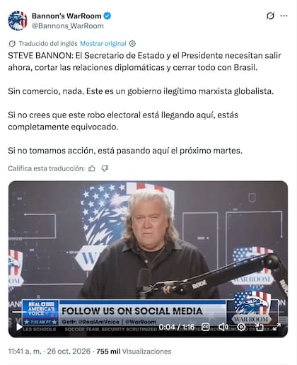 El mensaje de Bannon contra la victoria de Lula en Brasil