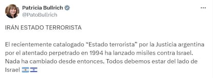 El mensaje de Bullrich en X, tras los ataques de Irán a Israel