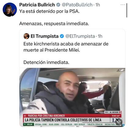 El mensaje de Bullrich por la detención del hombre que amenazó a Milei