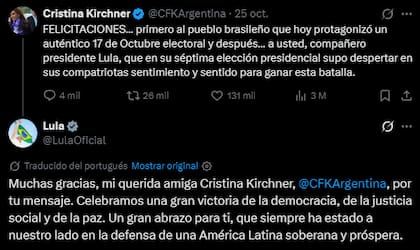El mensaje de Cristina Kirchner para Lula da Silva tras la victoria en los comicios