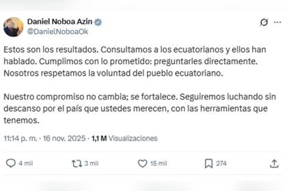 El mensaje de Daniel Noboa tras los resultados sobre el referéndum en Ecuador