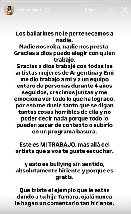 El mensaje de Denu Di Paolo, una de las bailarinas de Emilia Mernes (Foto: Instagram @denudipaolo)