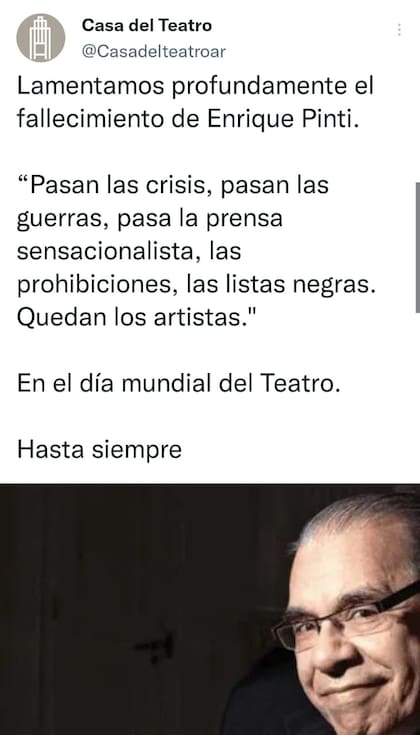 El mensaje de despedida a Enrique Pinti que escribió la Casa del Teatro