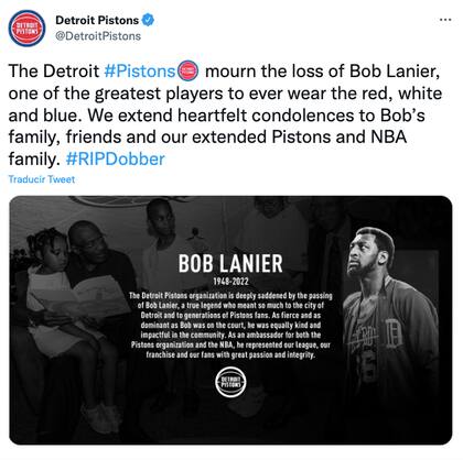 El mensaje de despedida de los Pistons de Detroit para Bob Lanier, fallecido este miércoles por cáncer.