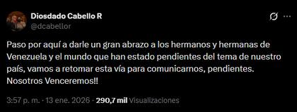 El mensaje de Diosdado Cabello en X. El funcionario se mantuvo activo en la red social con retuits pero sin publicar