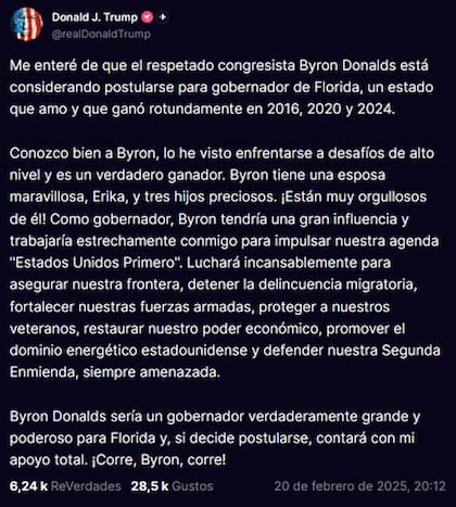 El mensaje de Donald Trump a favor de Byron Donalds