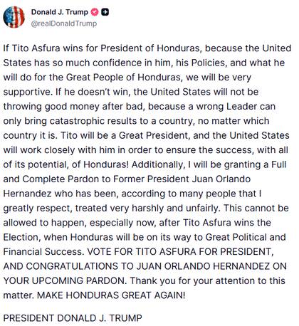 El mensaje de Donald Trump donde dice que indultará a Juan Orlando Hernández
