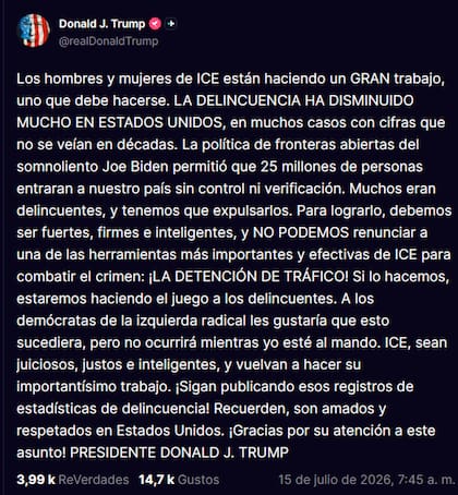 El mensaje de Donald Trump donde pidió que se reanuden los controles vehiculares del ICE