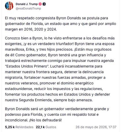 El mensaje de Donald Trump en apoyo a Byron Donalds