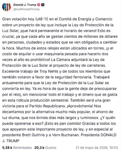 El mensaje de Donald Trump en apoyo a la ley que busca establecer el DST de manera permanente