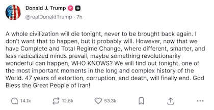El mensaje de Donald Trump en la mañana del martes en su cuenta de Truth Social.