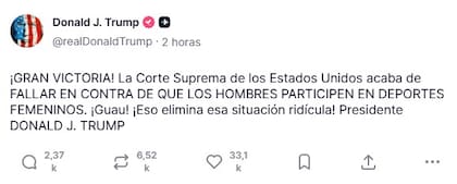 El mensaje de Donald Trump en Truth Social para celebrar el fallo de la Corte Suprema que permite a los estados prohibir la participación de atletas transgénero en deportes femeninos