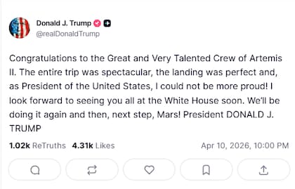 El mensaje de Donald Trump tras el amerizaje de la misión Artemis II