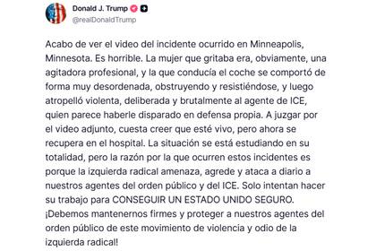 El mensaje de Donald Trump tras la muerte de una mujer en Minneapolis por disparos del ICE