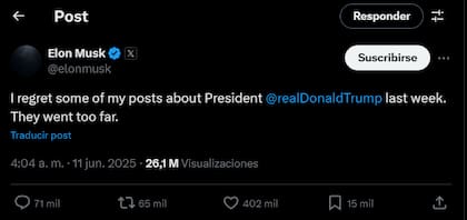 El mensaje de Elon Musk en el cual se lamenta de sus dichos contra Donald Trump