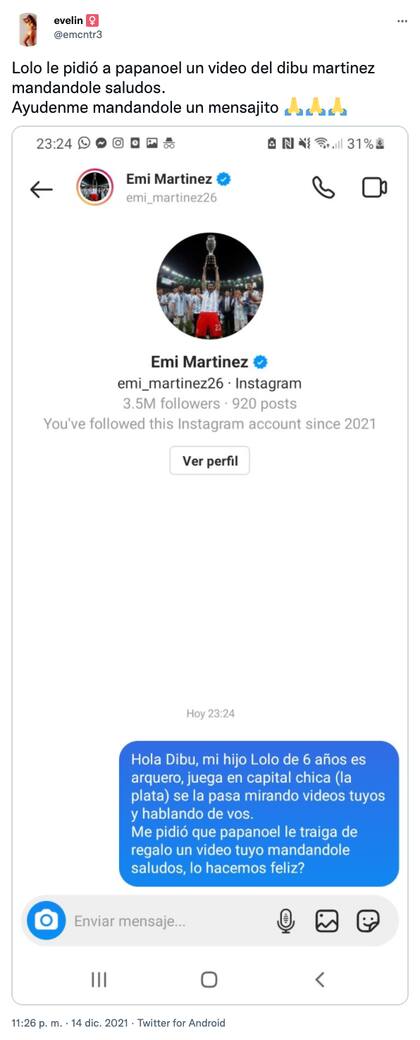 El mensaje de Evelin, la mamá de Lolo, para el Dibu Martínez