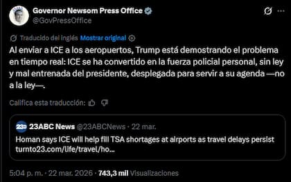 El mensaje de Gavin Newsom donde acusa al ICE de ser la "policía personal" de Donald Trump