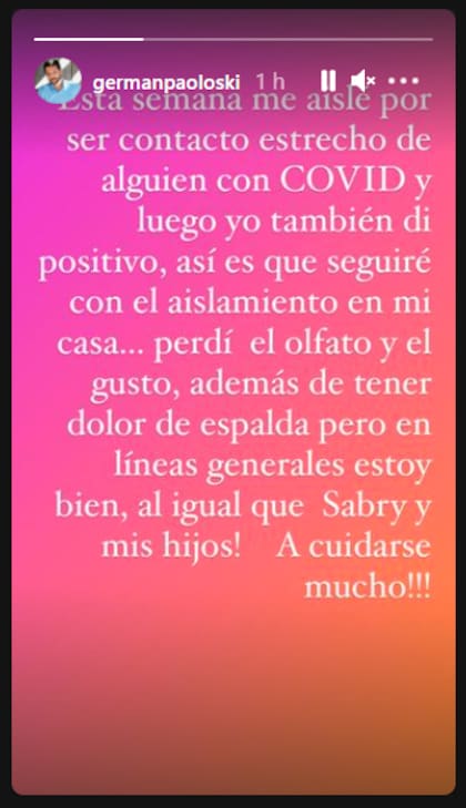 El mensaje de Germán Paoloski en Instagram, confirmando que contrajo Covid-19