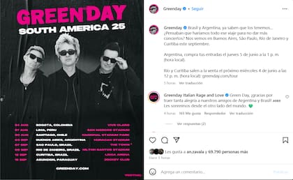 El mensaje de Green Day para los seguidores de Argentina y Brasil (Foto: Instagram @greenday)