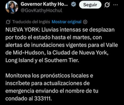 El mensaje de Hochul sobre las inundaciones en Nueva York