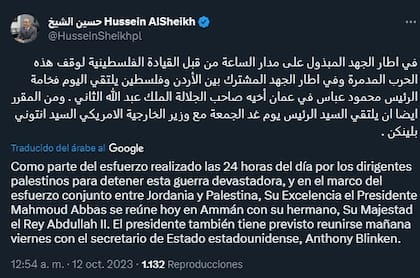 El mensaje de Hussein Al-Sheikh en X