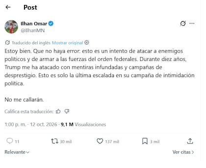 El mensaje de Ilhan Omar tras el allanamiento de su residencia