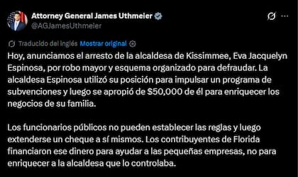 El mensaje de James Uthmeier en redes sociales