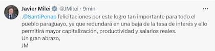 El mensaje de Javier Milei al presidente de Paraguay, Santiago Peña