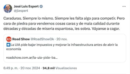 El mensaje de José Luis Espert en X