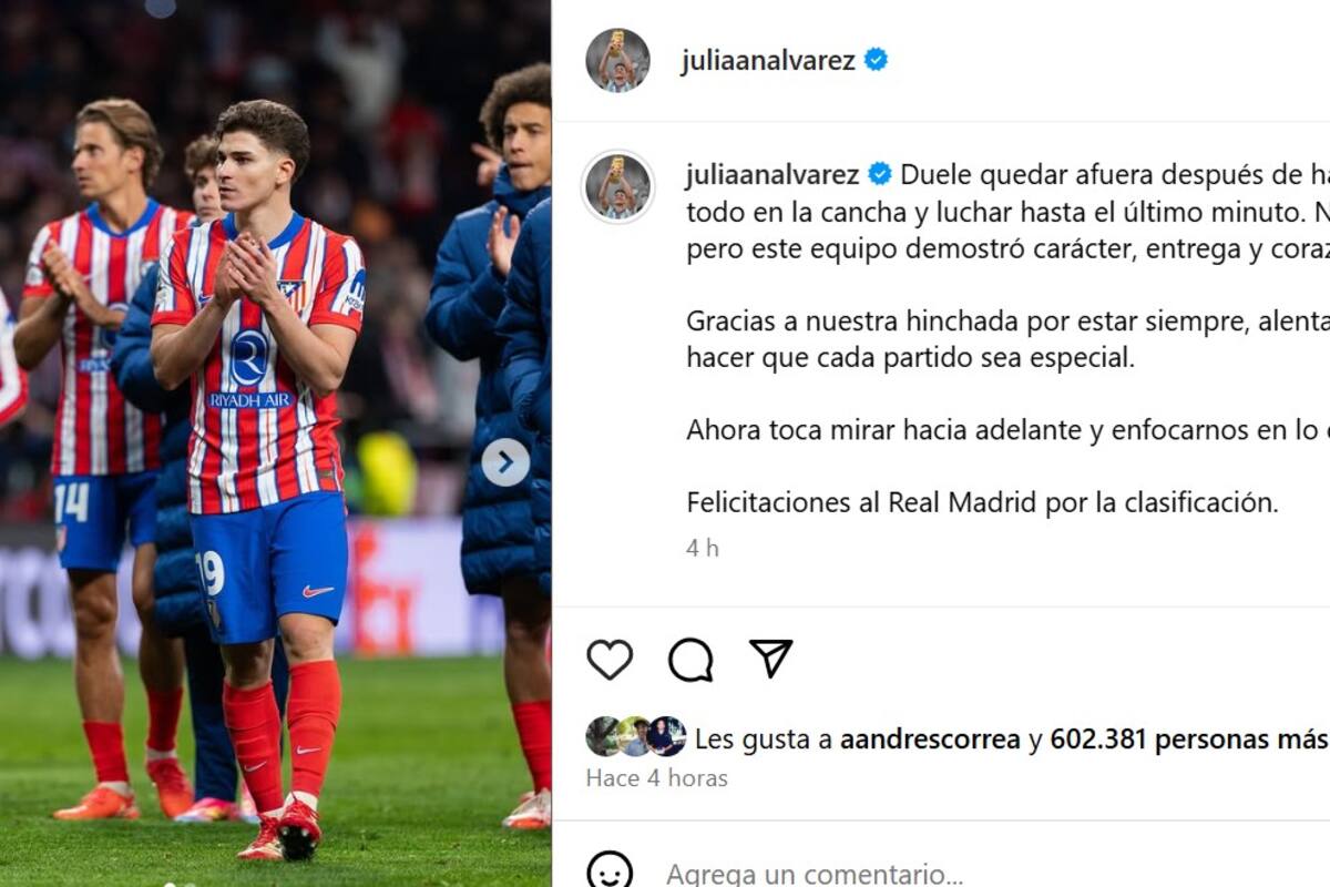 El mensaje de Julián Alvarez el día después de la eliminación de Atlético de Madrid ante Real por la Champions League