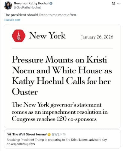El mensaje de Kathy Hochul a Donald Trump tras la destitución de Kristi Noem