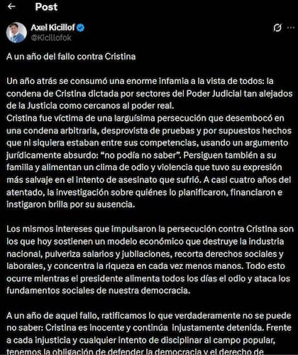 El mensaje de Kicillof al cumplirse un año de la detención de Cristina Kirchner por la causa Vialidad.