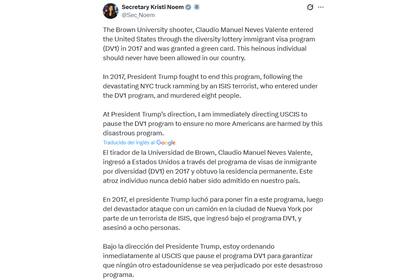 El mensaje de Kristi Noem sobre la suspensión del programa DV, conocido como lotería de green cards
