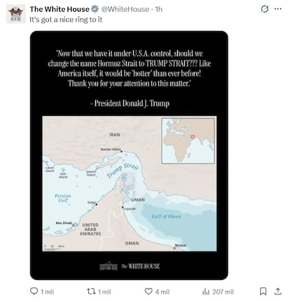 El mensaje de la Casa Blanca luego de que Trump propusiera cambiar el nombre del estrecho de Ormuz por "estrecho de Trump"