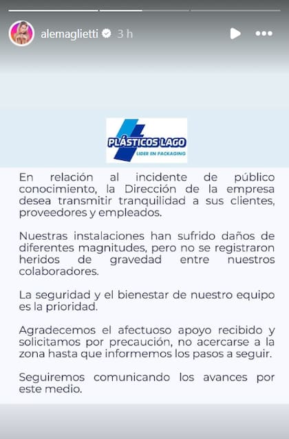 El mensaje de la empresa que compartió Alejandra Maglietti en su cuenta personal