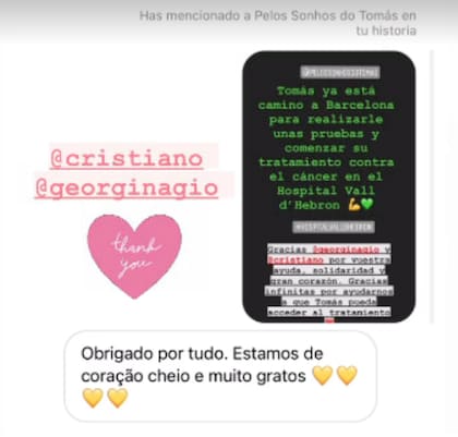 El mensaje de la familia de Tomás en agradecimiento a Cristiano y Georgina. Crédito: Instagram