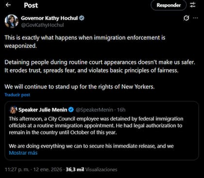 El mensaje de la gobernadora de Nueva York por la detención migratoria de Rafael Andrés Rubio Bohórquez