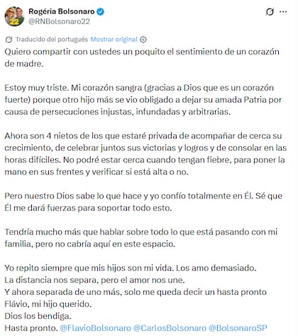 El mensaje de la madre de Flavio Bolsonaro tras la huida de su hijo a Estados Unidos