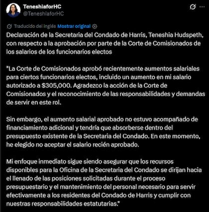El mensaje de la secretaria del condado de Harris en la red social X