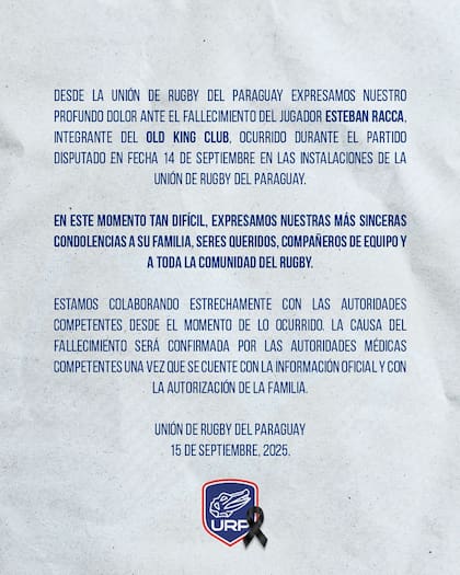 El mensaje de la Unión de Rugby del Paraguay tras la muerte de Esteban Racca