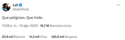 El mensaje de Lali Espósito tras la victoria de Milei